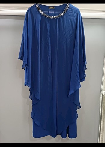 Kadın Elbise saks mavisi şifon pelerinli - Görsel 2