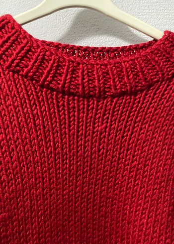 Parlak Kırmızı Kadın El Örmesi Kazak - Görsel 3