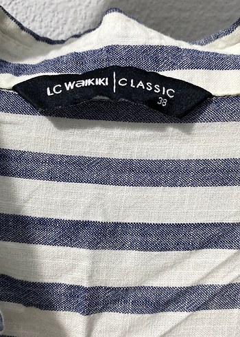 Uzun Kollu Çizgili Kadın Keten Gömlek - Görsel 3