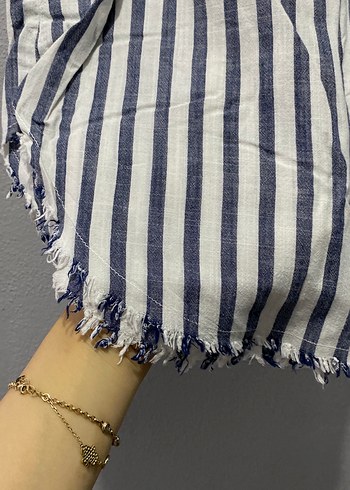 Uzun Kollu Çizgili Kadın Keten Gömlek - Görsel 2