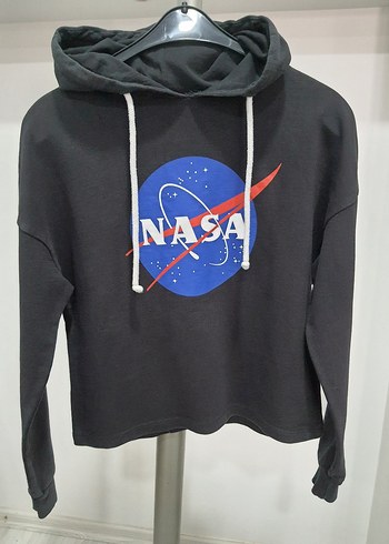NASA Baskılı Siyah Kapüşonlu Sweatshirt
