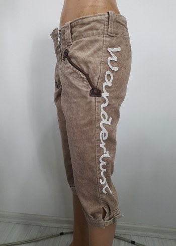 Bej Fitilli Kadife Vintage Kısa Kadın Pantolon - Görsel 3