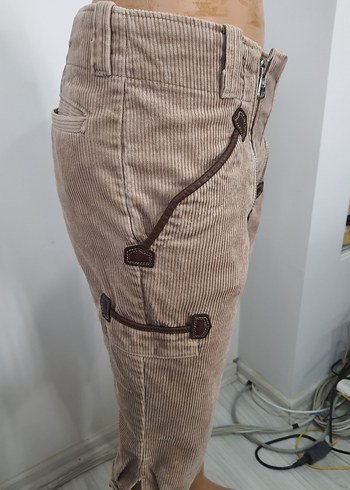 Bej Fitilli Kadife Vintage Kısa Kadın Pantolon - Görsel 5