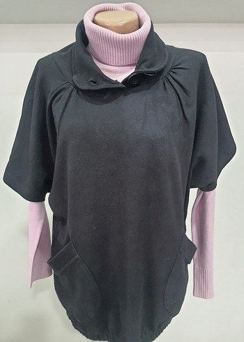 Düğmeli Yüksek Yakalı Siyah Hamile Panço - Görsel 2