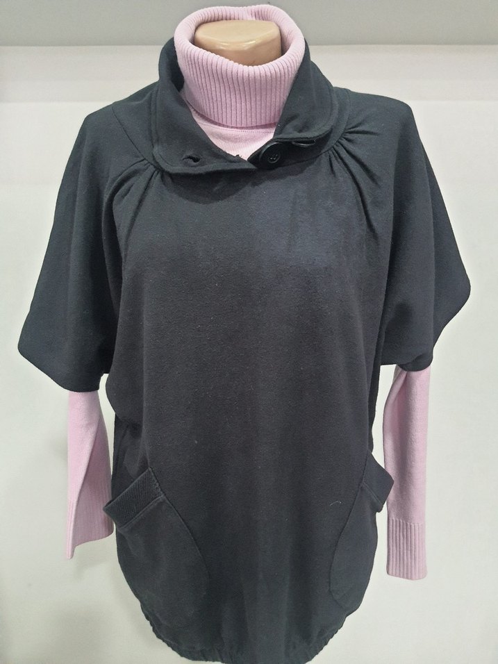 Düğmeli Yüksek Yakalı Siyah Hamile Panço - Görsel 2