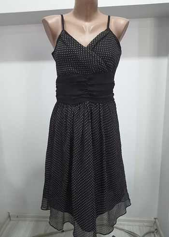 Puantiye Desenli Siyah Midi Strappy Elbise