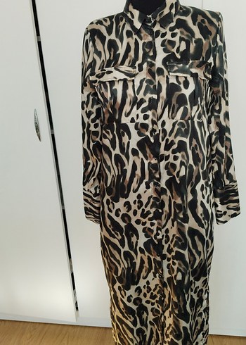 38 Beden Kahverengi Leopar Desenli Elbise