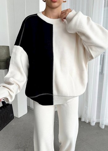 Kadın Siyah Beyaz Örgü Sweatshirt