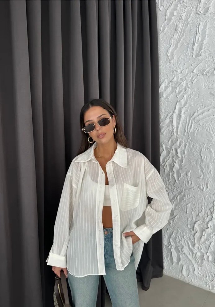 Düğmeli Beyaz Keten Kadın Gömlek - Görsel 3