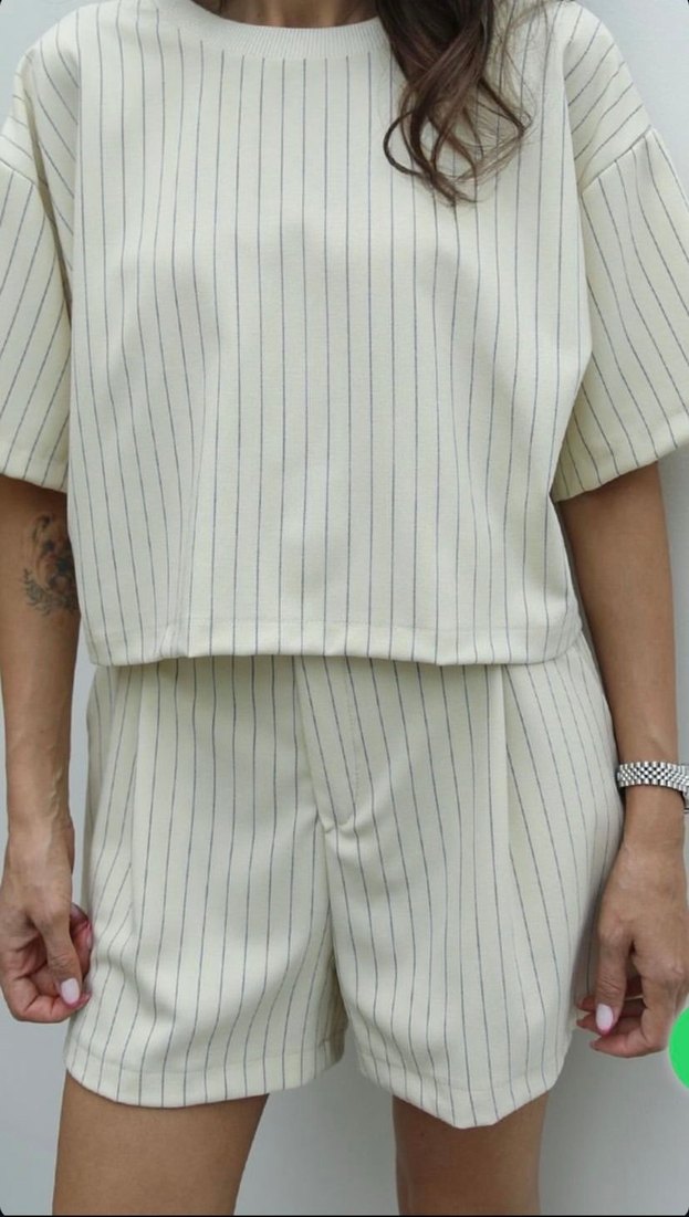 Bej Çizgili Kadın Mini Tulum - Görsel 2