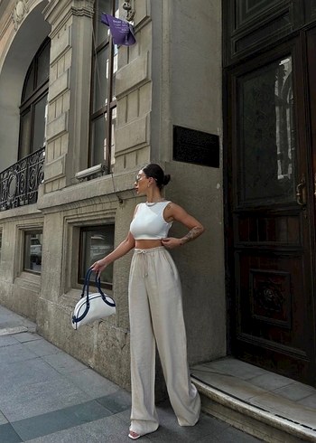 Beyaz Bol Kesim Keten Pantolon - Görsel 2