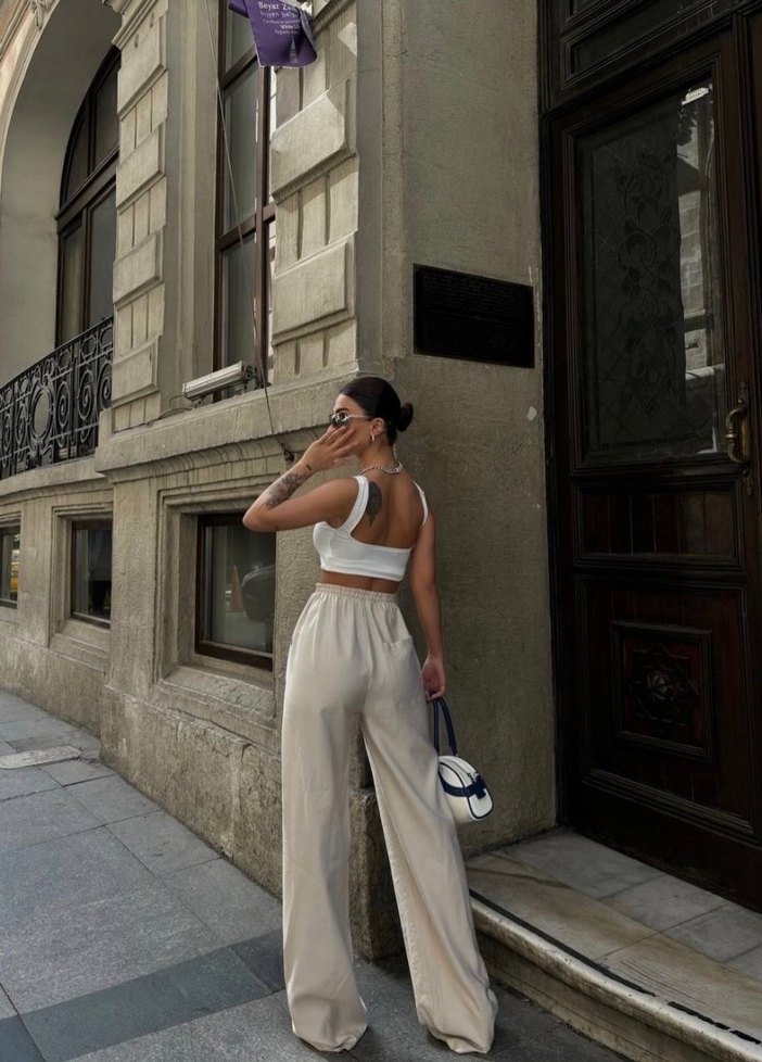 Beyaz Bol Kesim Keten Pantolon - Görsel 3