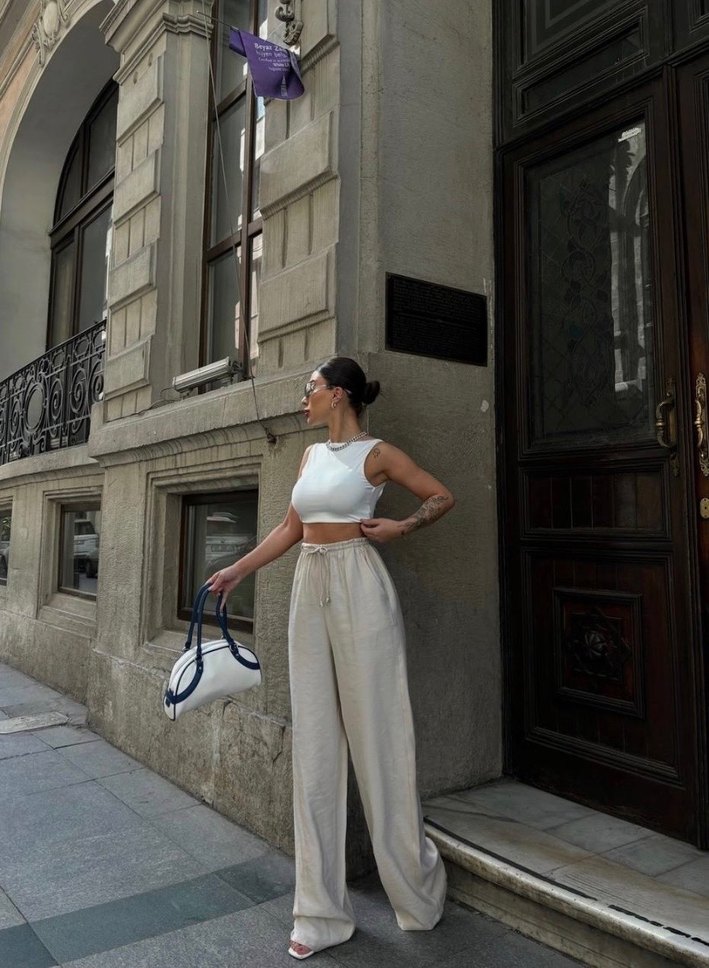 Beyaz Bol Kesim Keten Pantolon - Görsel 2