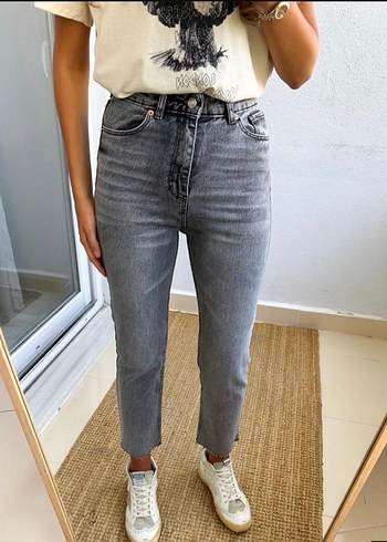 Gri Düğmeli Batik Desenli Kadın Jean - Görsel 2