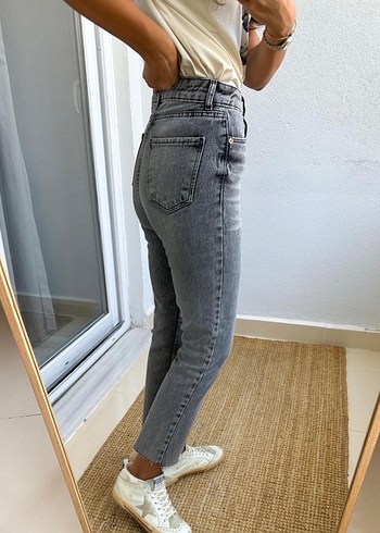 Gri Düğmeli Batik Desenli Kadın Jean - Görsel 3