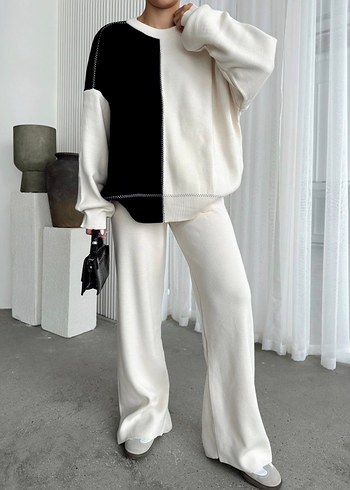 Siyah Beyaz Oversize Triko Kadın Kazak - Görsel 2