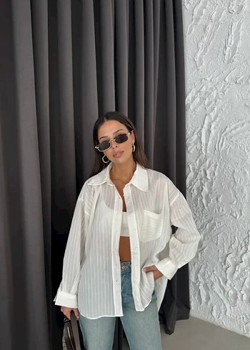 Beyaz Düğmeli Salaş Keten Gömlek - Görsel 3