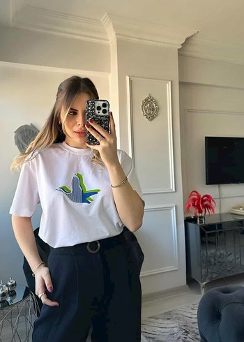 Beyaz Baskılı Kısa Kollu Oversize Tişört