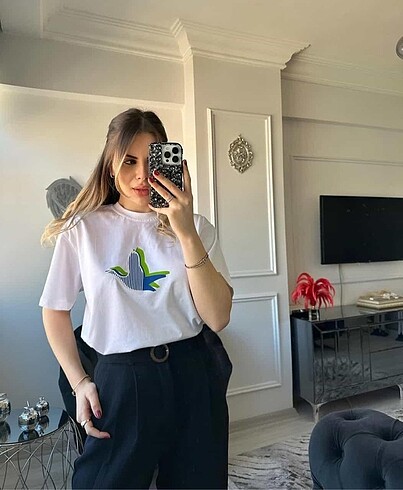 Beyaz Beymen kuş baskılı tshirt