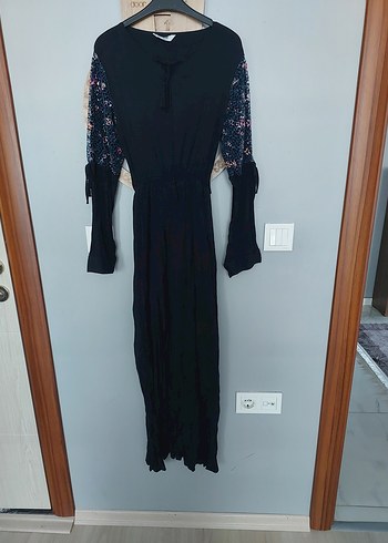 Bohem Siyah Uzun Kollu Nakışlı Elbise