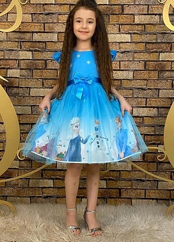 Elsa Çocuk Krep Elbise Mavi 