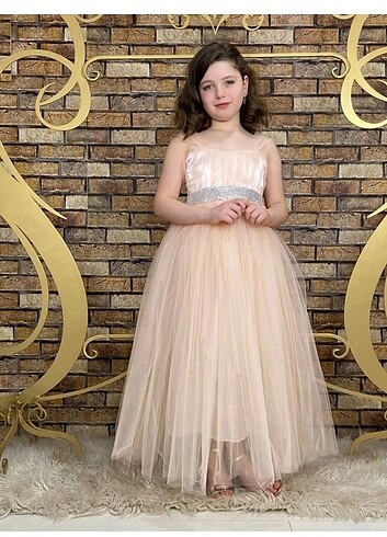 Somon Beli Pul Detaylı Tam Boy Çocuk Abiye 