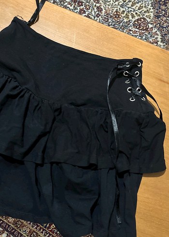 Nakışlı Siyah Mini Etek Ruffle Detaylı - Görsel 2