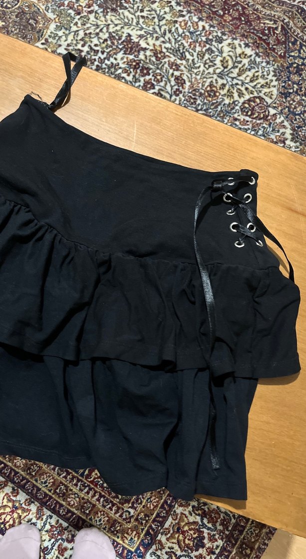 Nakışlı Siyah Mini Etek Ruffle Detaylı - Görsel 2