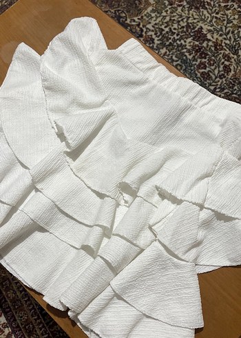 Beyaz Keten Fırfırlı Mini Etek - Görsel 2