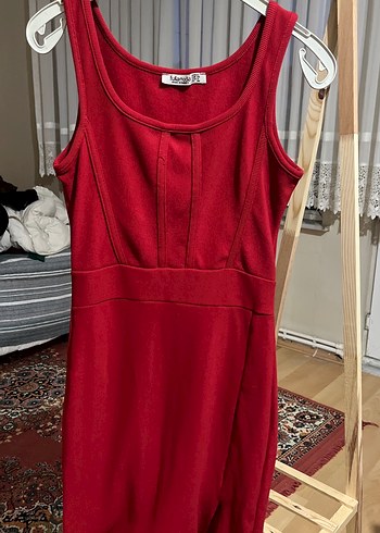 Kırmızı Mini V Yakalı Saten Elbise - Görsel 2