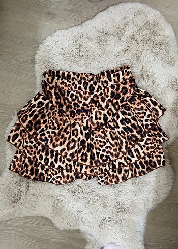 Kadın Leopar Desenli Fırfırlı Mini Etek