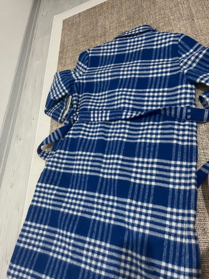 Mavi Ekose Düğmeli Kadın Midi Kaban - Görsel 3