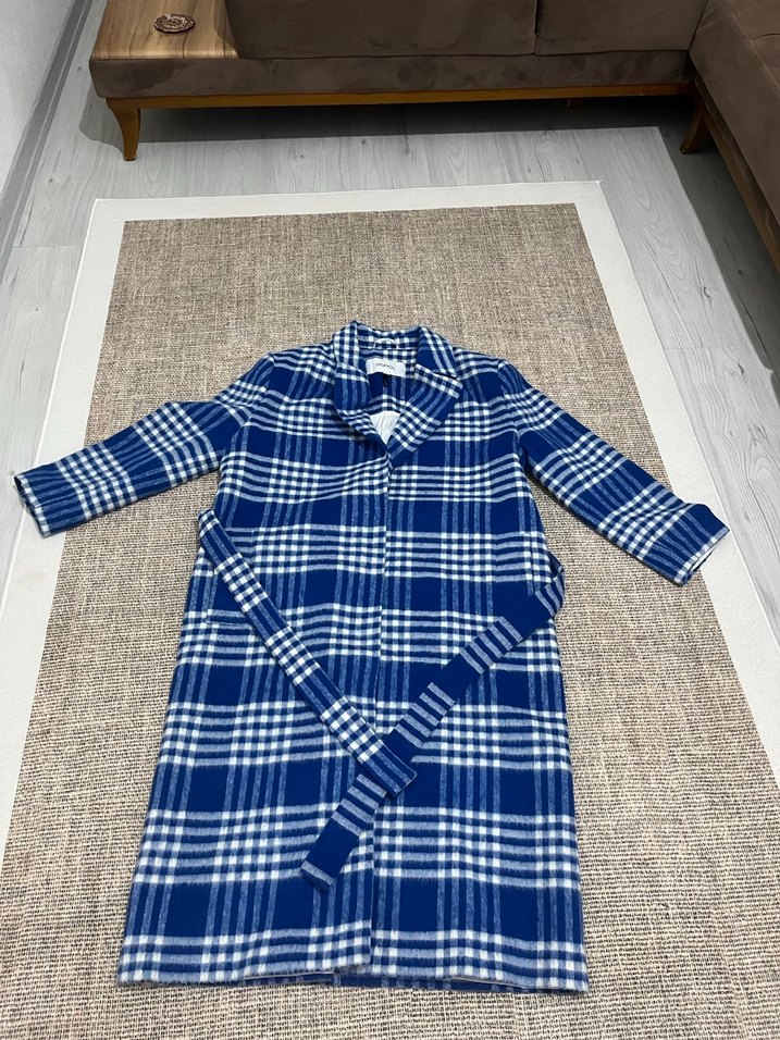 Mavi Ekose Düğmeli Kadın Midi Kaban - Görsel 2