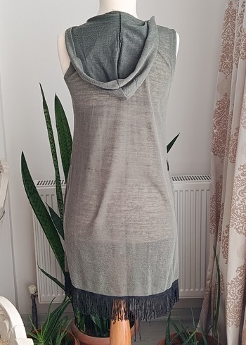 Yeşil Uzun Salaş Kadın Yelek Püsküllü - Görsel 2