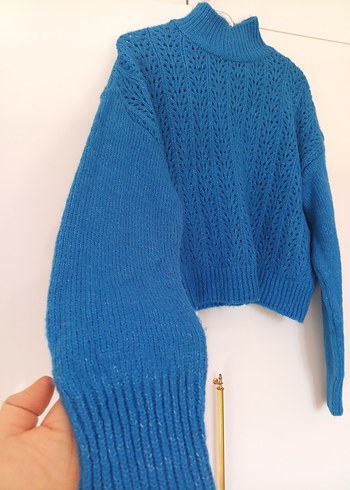 Mavi Boğazlı Örgü Kadın Kazak - Görsel 2