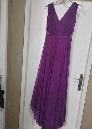 Mor Drapeli Uzun V Yakalı Abiye Elbise - Görsel 5