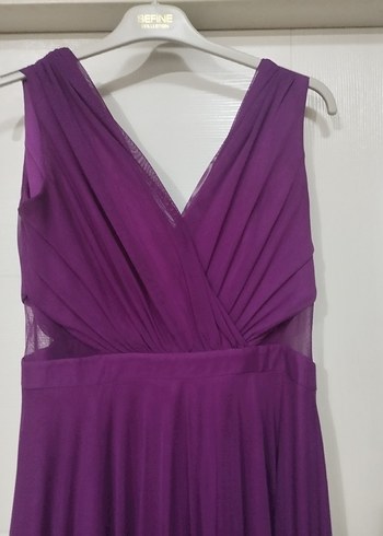 Mor Drapeli Uzun V Yakalı Abiye Elbise - Görsel 2