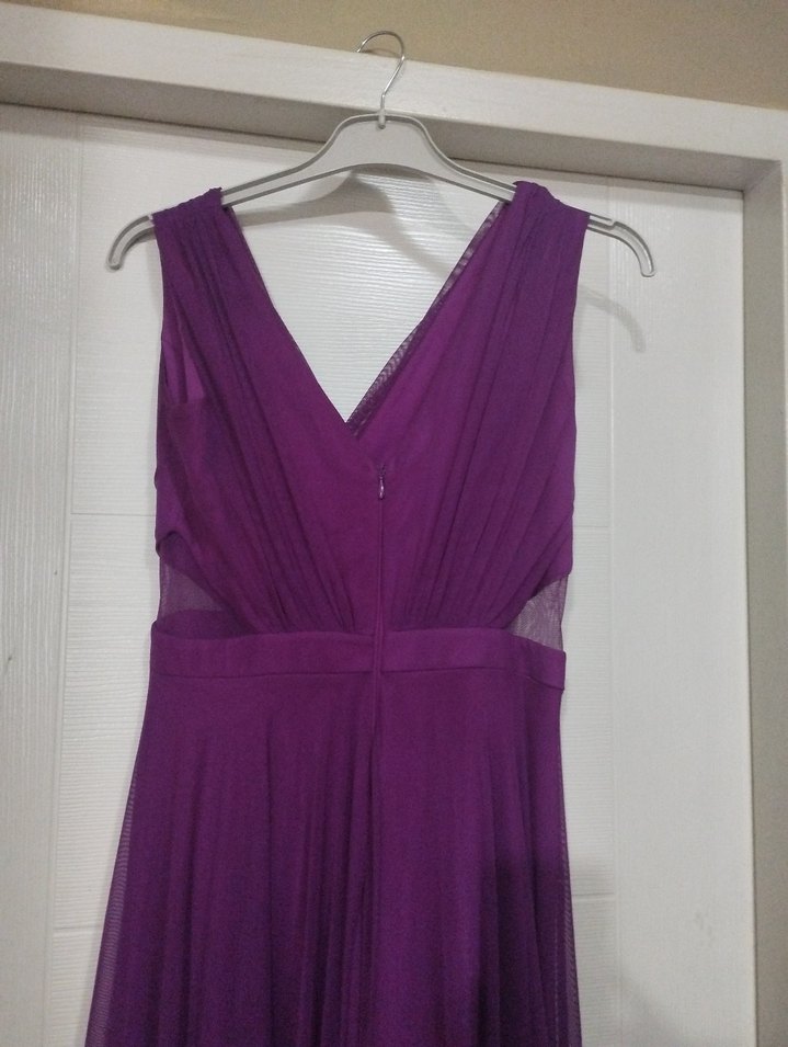 Mor Drapeli Uzun V Yakalı Abiye Elbise - Görsel 4