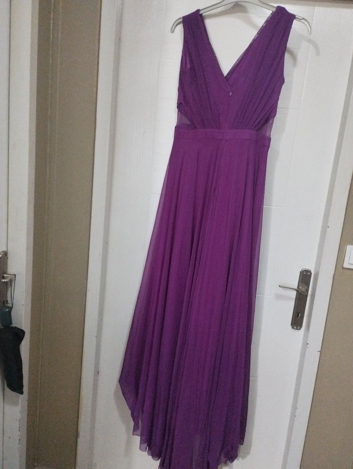 Mor Drapeli Uzun V Yakalı Abiye Elbise - Görsel 5