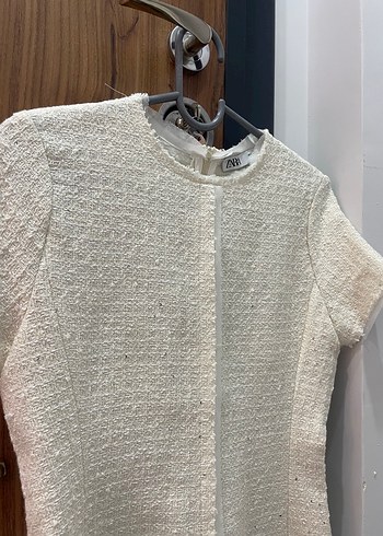 s Beden Beyaz Örgü Kumaş Midi Kısa Kollu Kadın Elbise