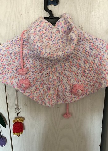 Pembe Nakışlı Kapüşonlu Kız Çocuk Panço - Görsel 2