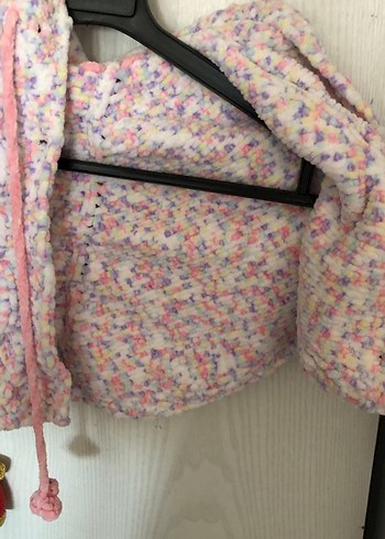 Pembe Nakışlı Kapüşonlu Kız Çocuk Panço - Görsel 4