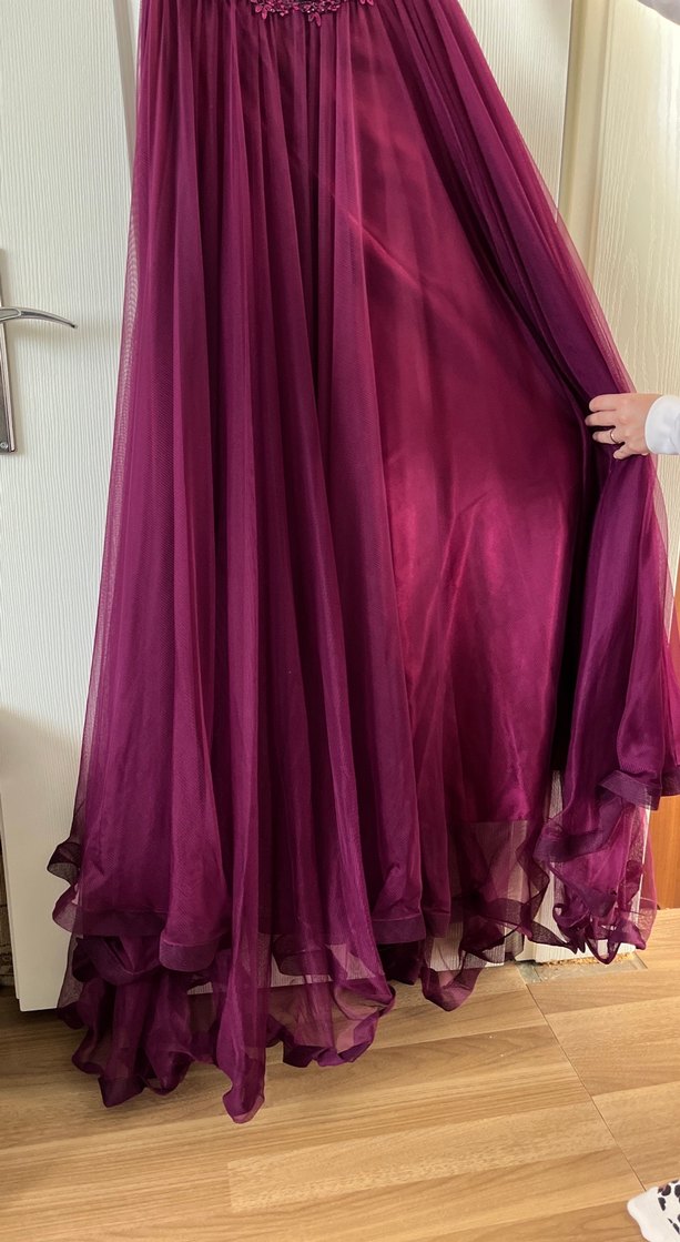 Bordo Güpür Detaylı Uzun Abiye Elbise - Görsel 2