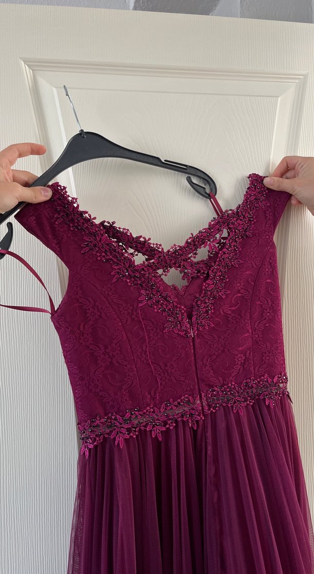 Bordo Güpür Detaylı Uzun Abiye Elbise - Görsel 4