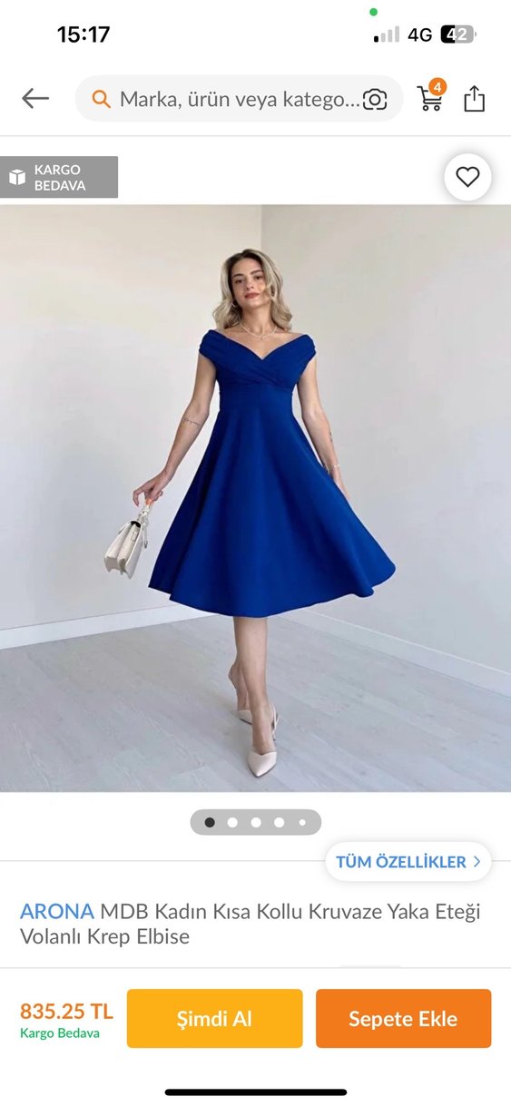 Saks Mavi Madonna Yaka Drapeli Midi Elbise - Görsel 2