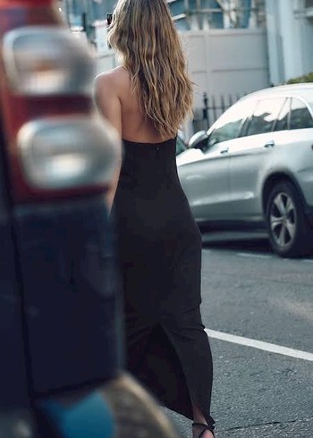 Siyah Drapeli V Yaka Uzun Elbise - Görsel 2