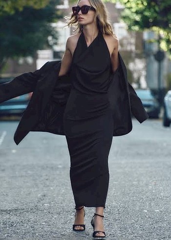 Siyah Drapeli V Yaka Uzun Elbise - Görsel 3