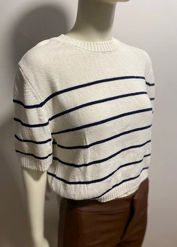 Çizgili Kısa Kollu Kadın Triko - Görsel 2