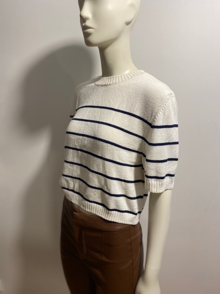 Çizgili Kısa Kollu Kadın Triko - Görsel 3