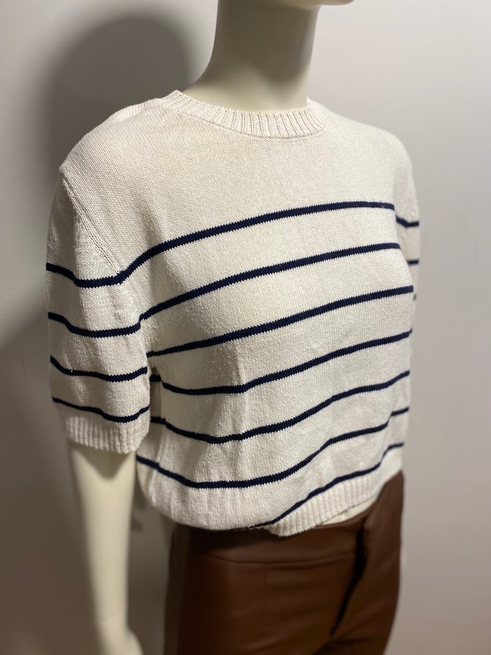 Çizgili Kısa Kollu Kadın Triko - Görsel 2